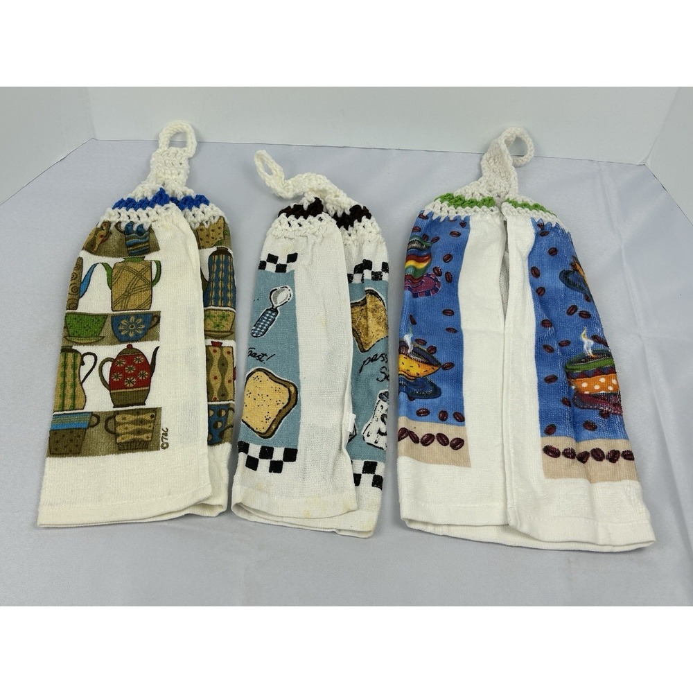Coffee Theme Hanging Kitchen Towels Set of 7 Crochet Top Farmhouse Cute - Picture 7 of 8
